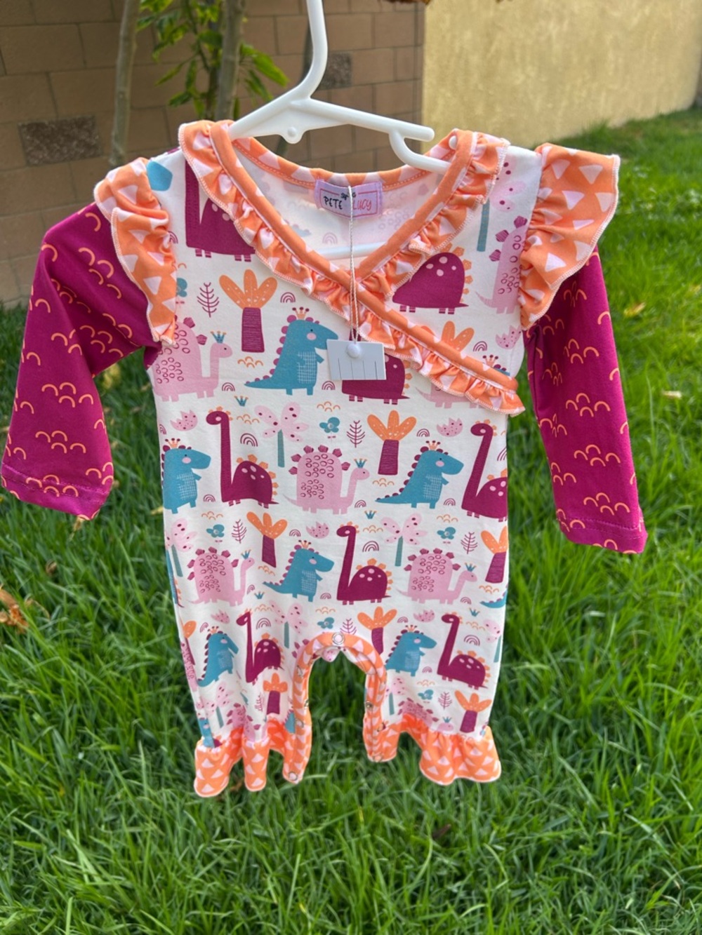 Long-Sleeve Dinosaur Print One-Piece in Pink & Orange